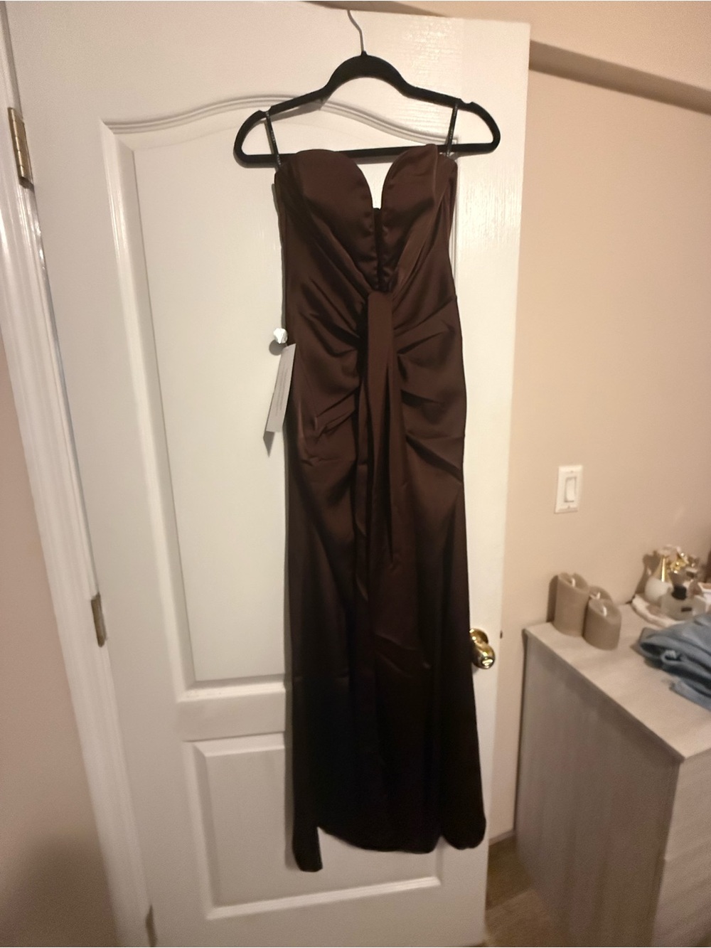 Strapless Ruched Taupe Evening Gown with Draped Front